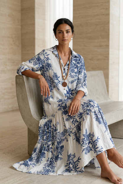 Robe maxi bohème chic bleue à fleurs avec détails boutonnés