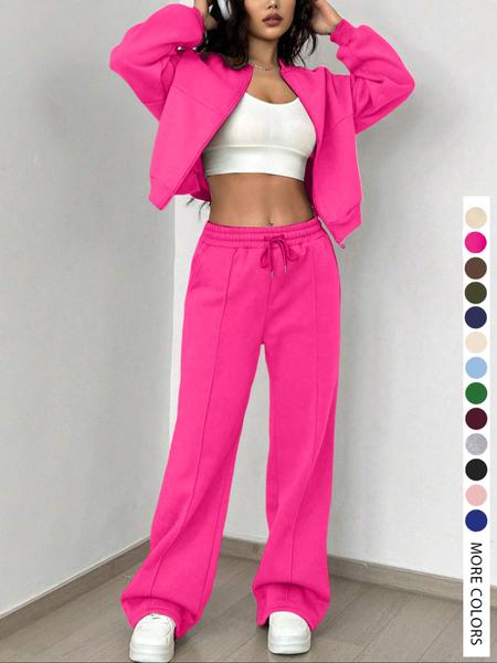 Women’s Two-Piece Set with Zip-Up Jacket and Wide-Leg Pants