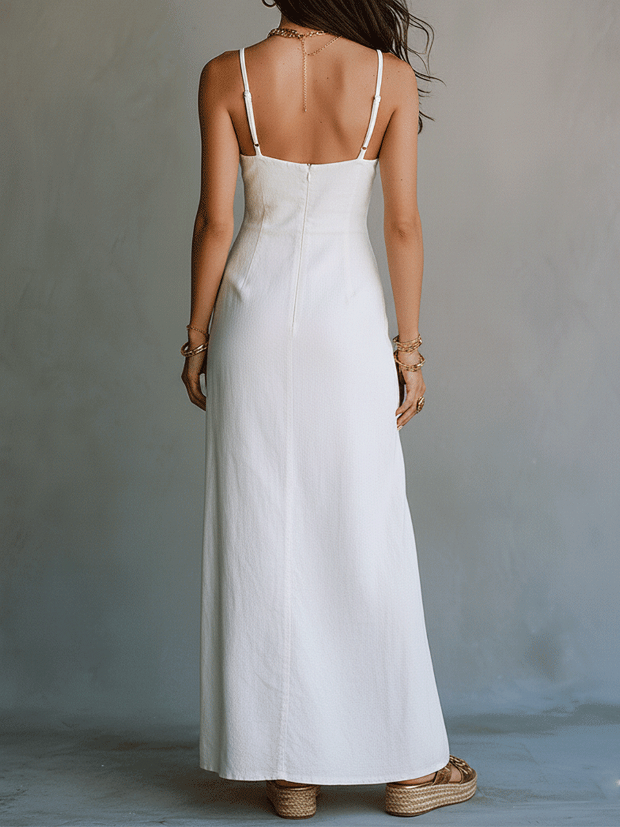 Robe maxi blanche minimaliste chic à bretelles avec fente