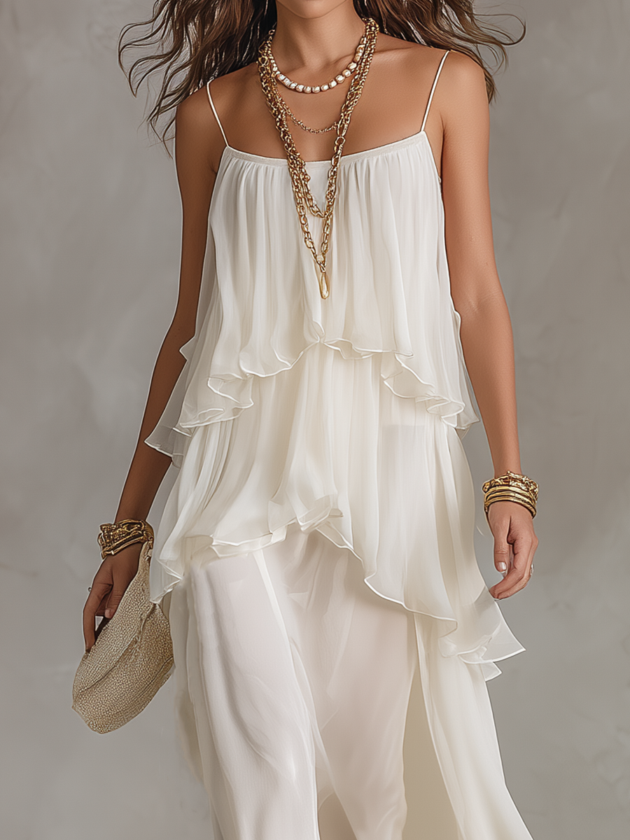 Robe de soirée maxi élégante en chiffon transparent à volants superposés