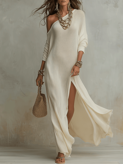 Robe maxi bohème ivoire douce à une épaule texturée