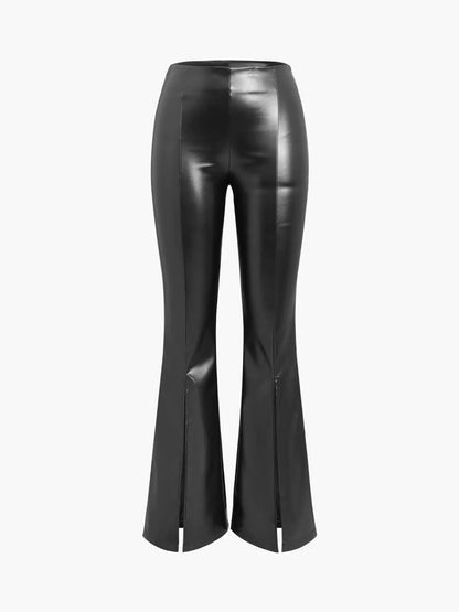 Pantalon évasé taille haute en simili cuir avec fentes devant