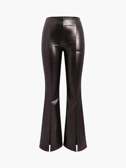 Pantalon évasé taille haute en simili cuir avec fentes devant