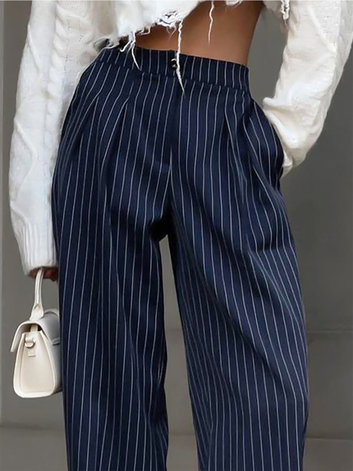 Pantalon à rayures taille haute à jambes larges, chic et décontracté