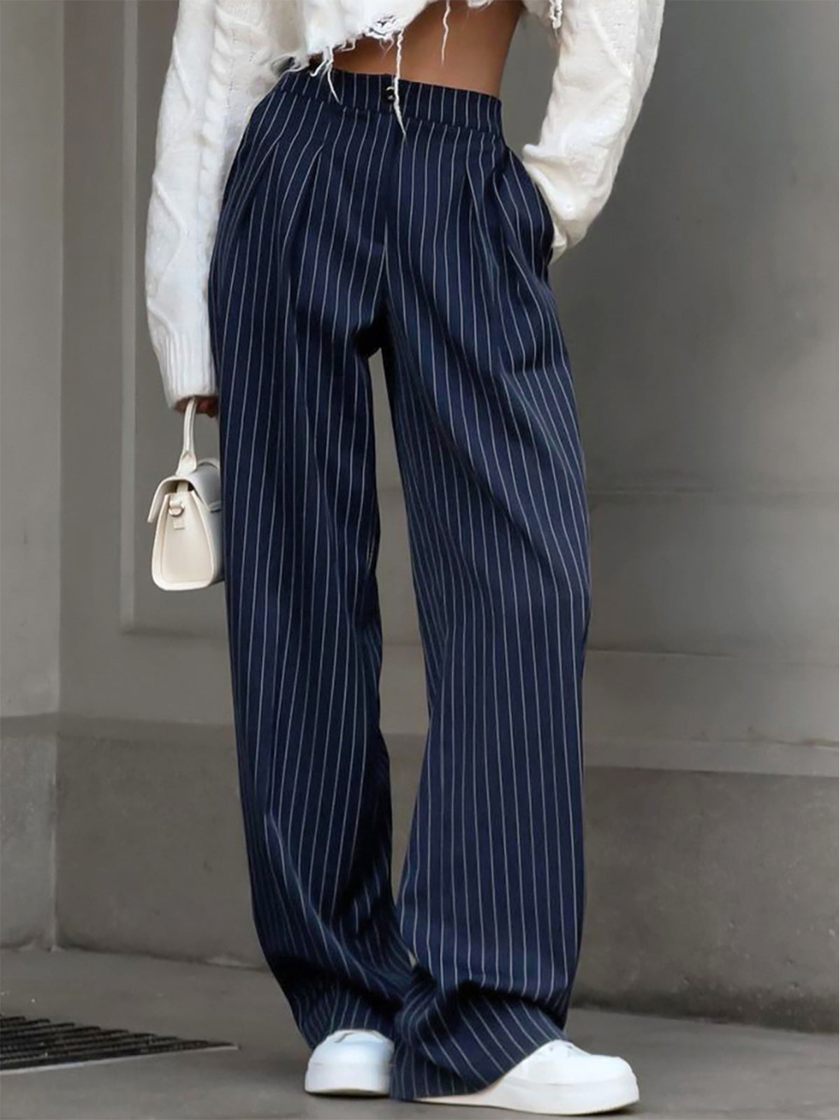 Pantalon à rayures taille haute à jambes larges, chic et décontracté
