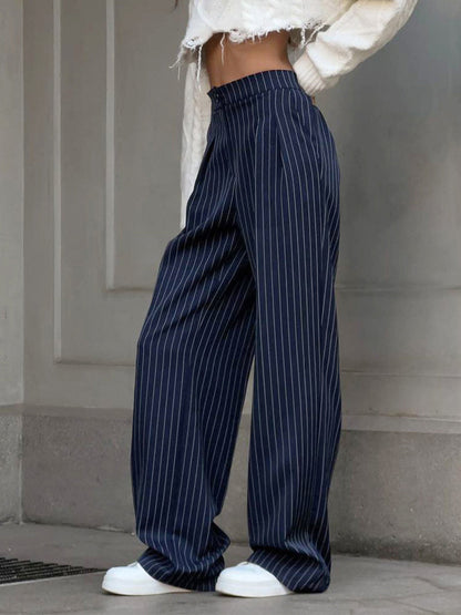 Pantalon à rayures taille haute à jambes larges, chic et décontracté
