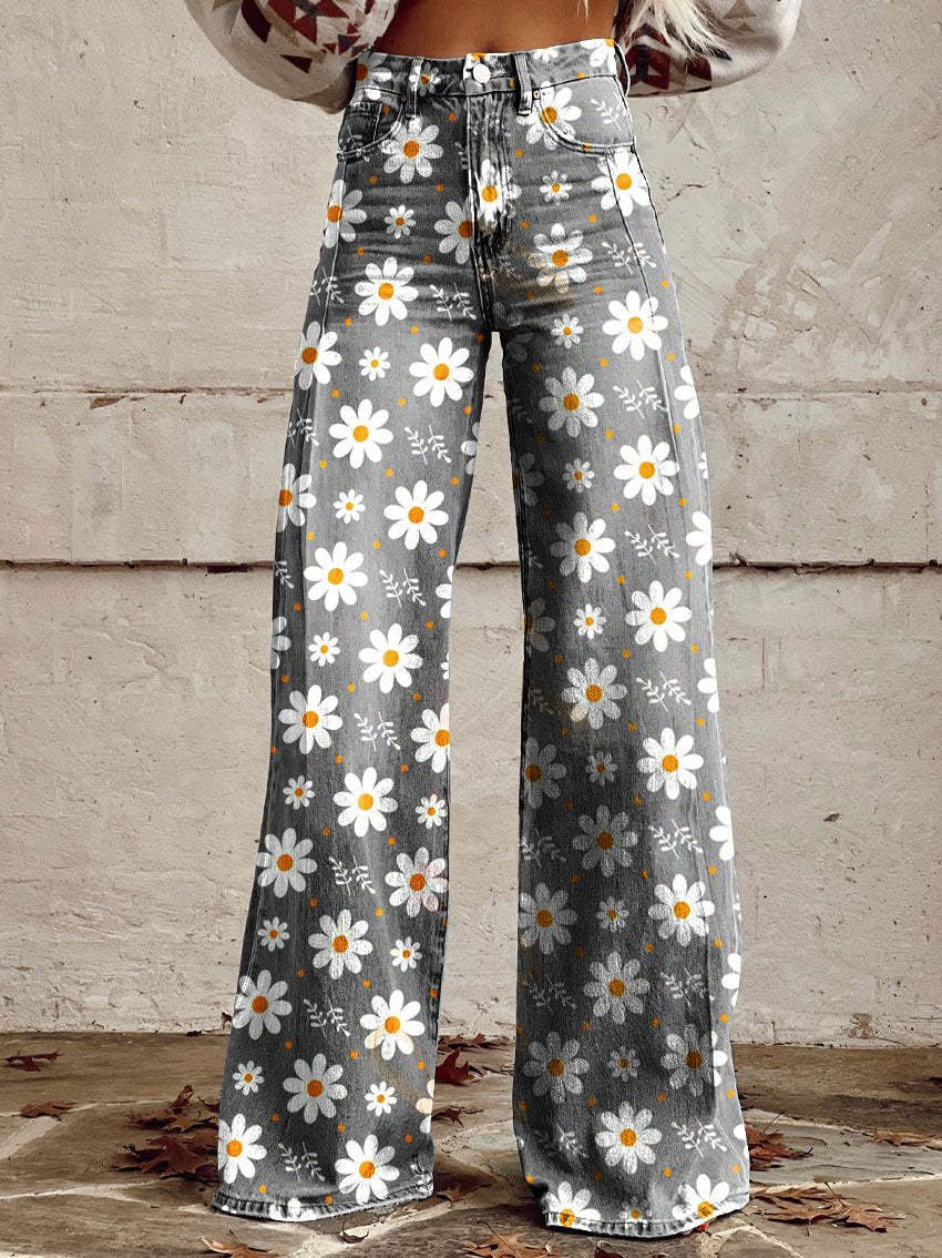 Jean large à imprimé floral pour femmes – Mélange de coton confortable pour les sorties décontractées