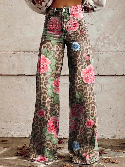 Jean large à imprimé floral pour femmes – Mélange de coton confortable pour les sorties décontractées