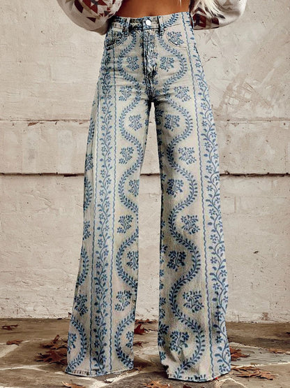 Jean large à imprimé floral pour femmes – Mélange de coton confortable pour les sorties décontractées