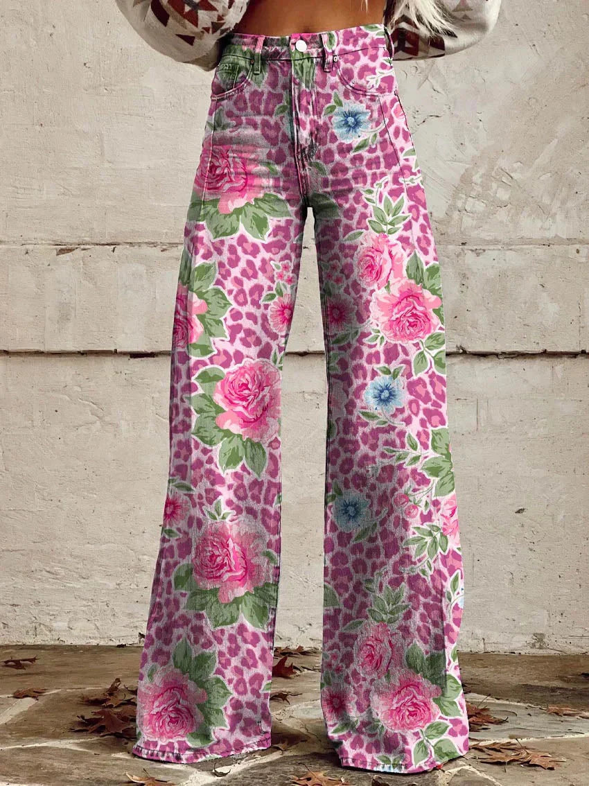 Jean large à imprimé floral pour femmes – Mélange de coton confortable pour les sorties décontractées