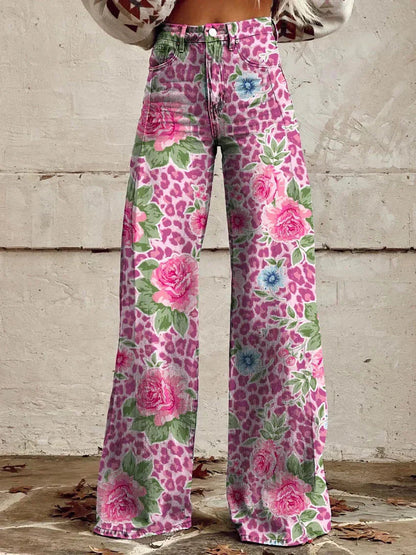 Jean large à imprimé floral pour femmes – Mélange de coton confortable pour les sorties décontractées
