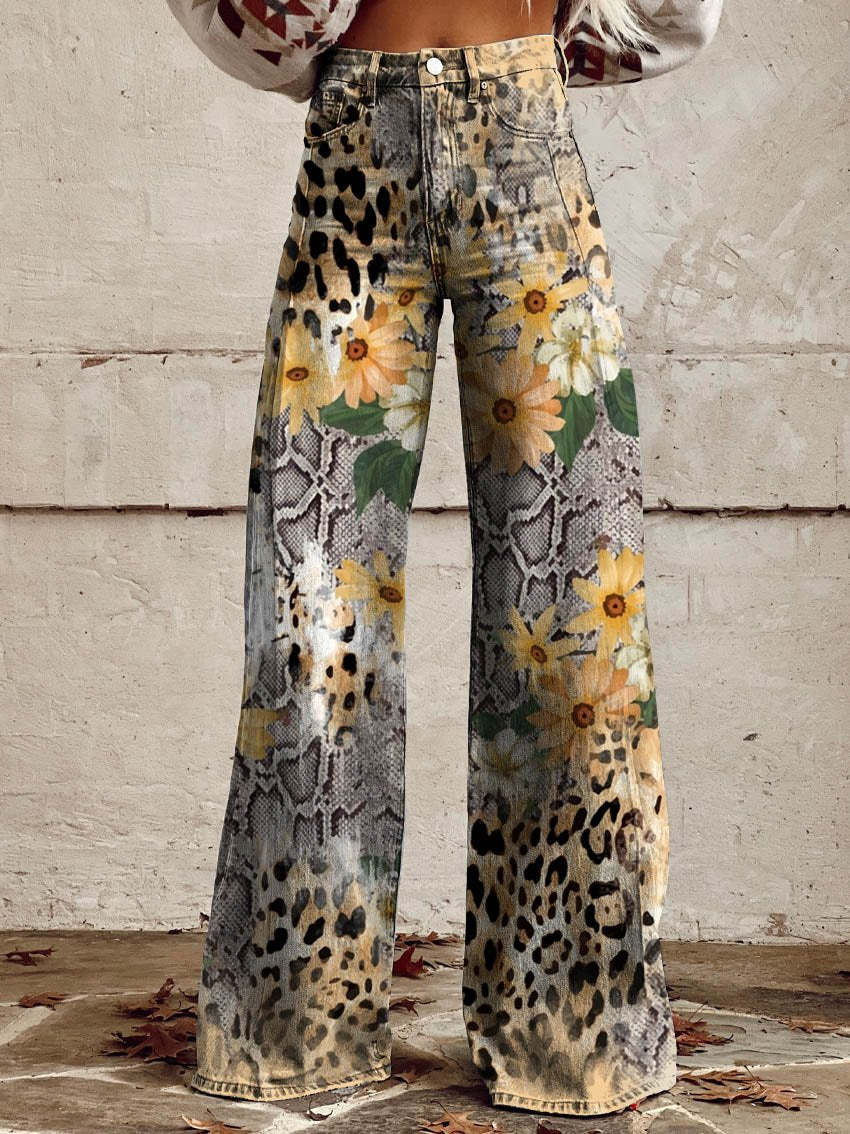 Jean large à imprimé floral pour femmes – Mélange de coton confortable pour les sorties décontractées