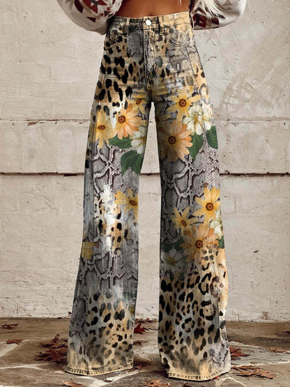 Jean large à imprimé floral pour femmes – Mélange de coton confortable pour les sorties décontractées