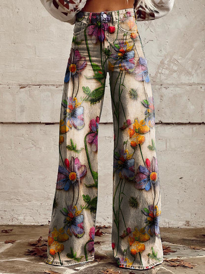 Jean large à imprimé floral pour femmes – Mélange de coton confortable pour les sorties décontractées