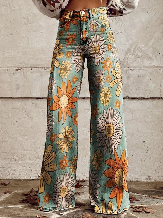 Jean large à imprimé floral pour femmes – Mélange de coton confortable pour les sorties décontractées