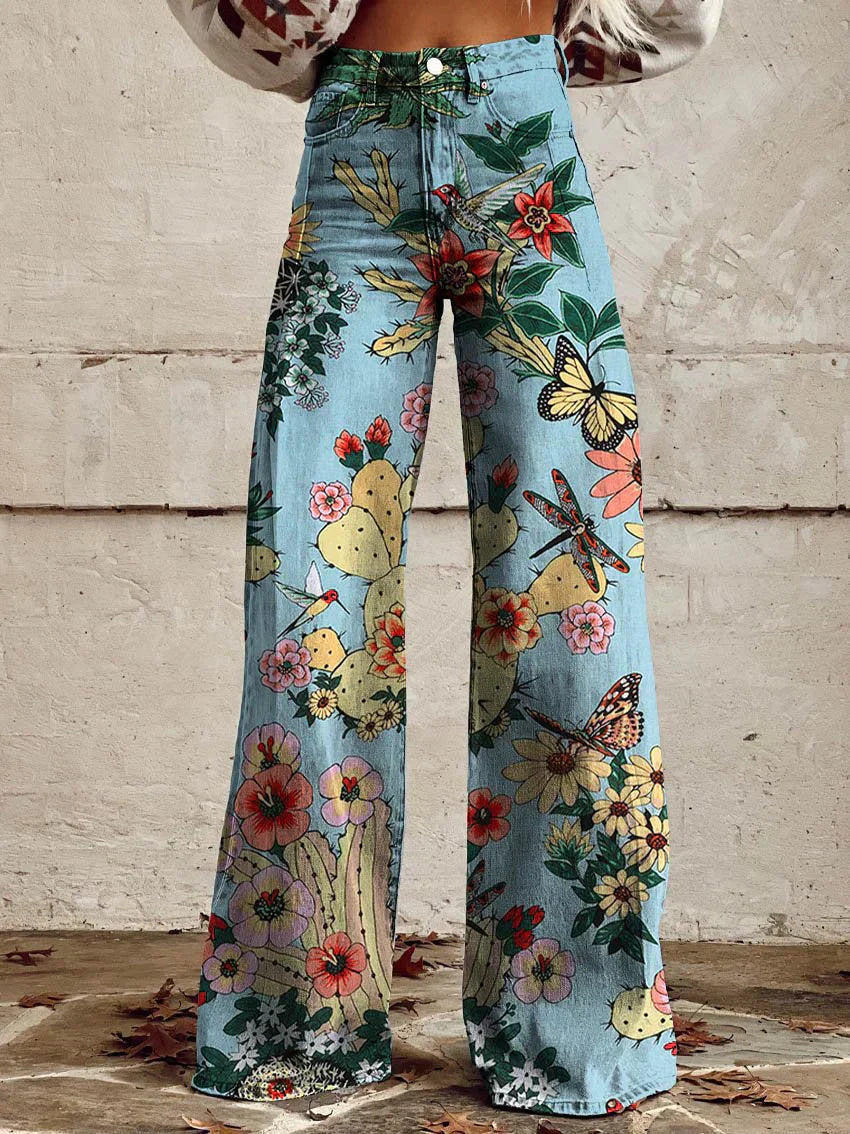 Jean large à imprimé floral pour femmes – Mélange de coton confortable pour les sorties décontractées