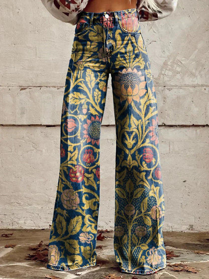 Jean large à imprimé floral pour femmes – Mélange de coton confortable pour les sorties décontractées