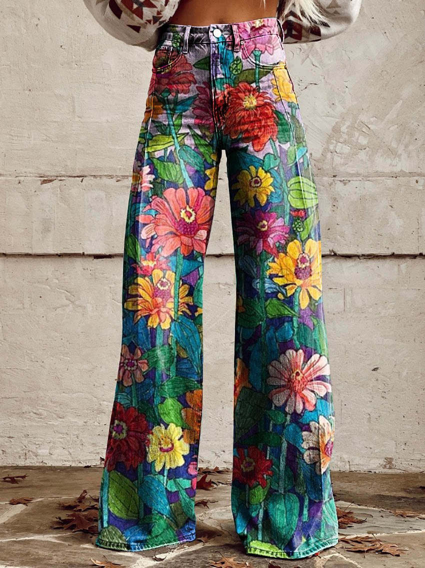 Jean large à imprimé floral pour femmes – Mélange de coton confortable pour les sorties décontractées