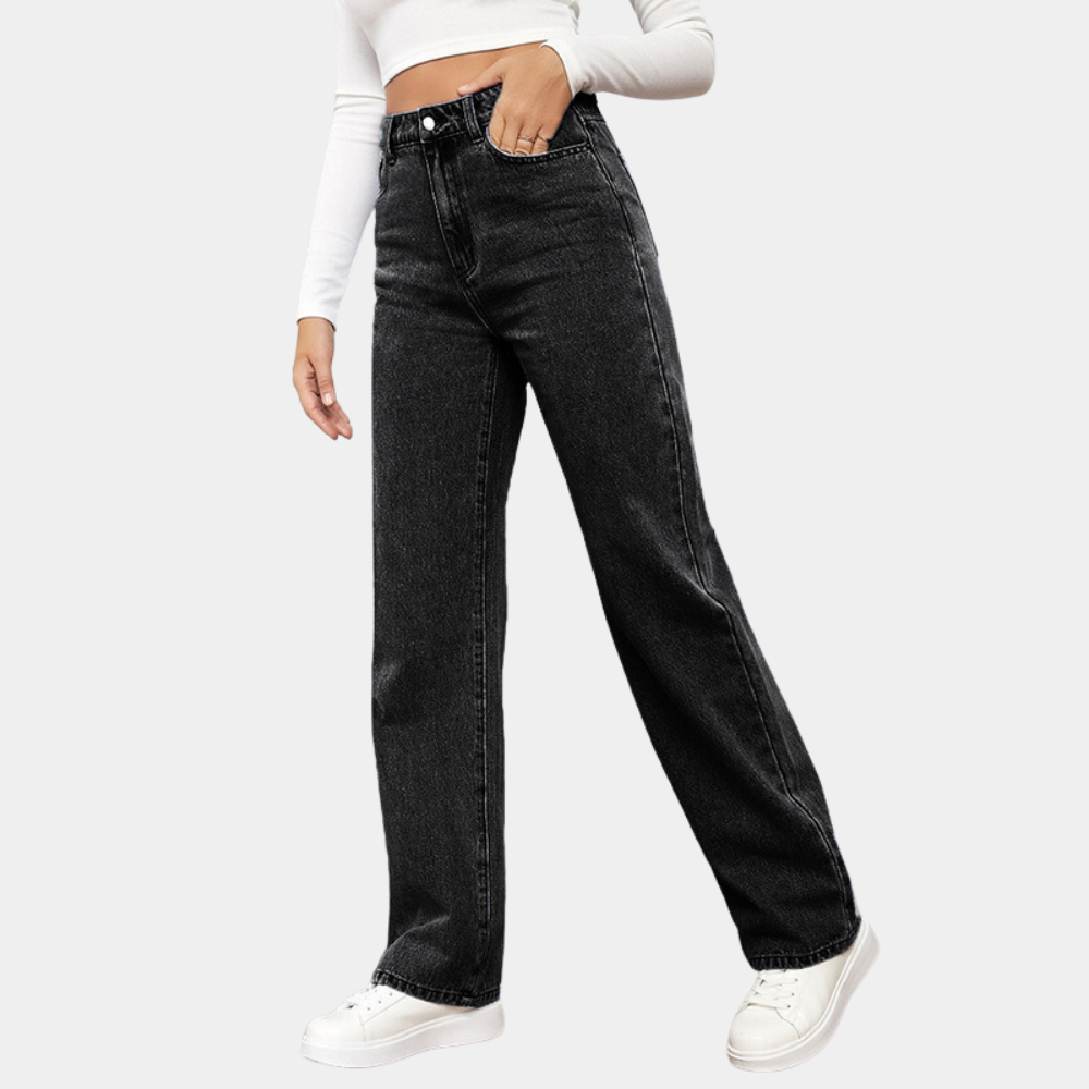 Jean droit taille haute classique en denim bleu foncé pour femmes