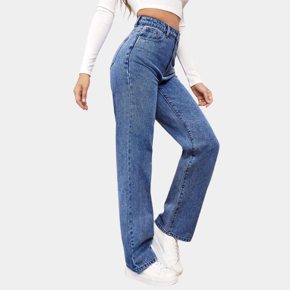 Jean droit taille haute classique en denim bleu foncé pour femmes