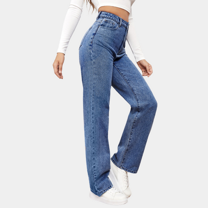 Jean droit taille haute classique en denim bleu foncé pour femmes