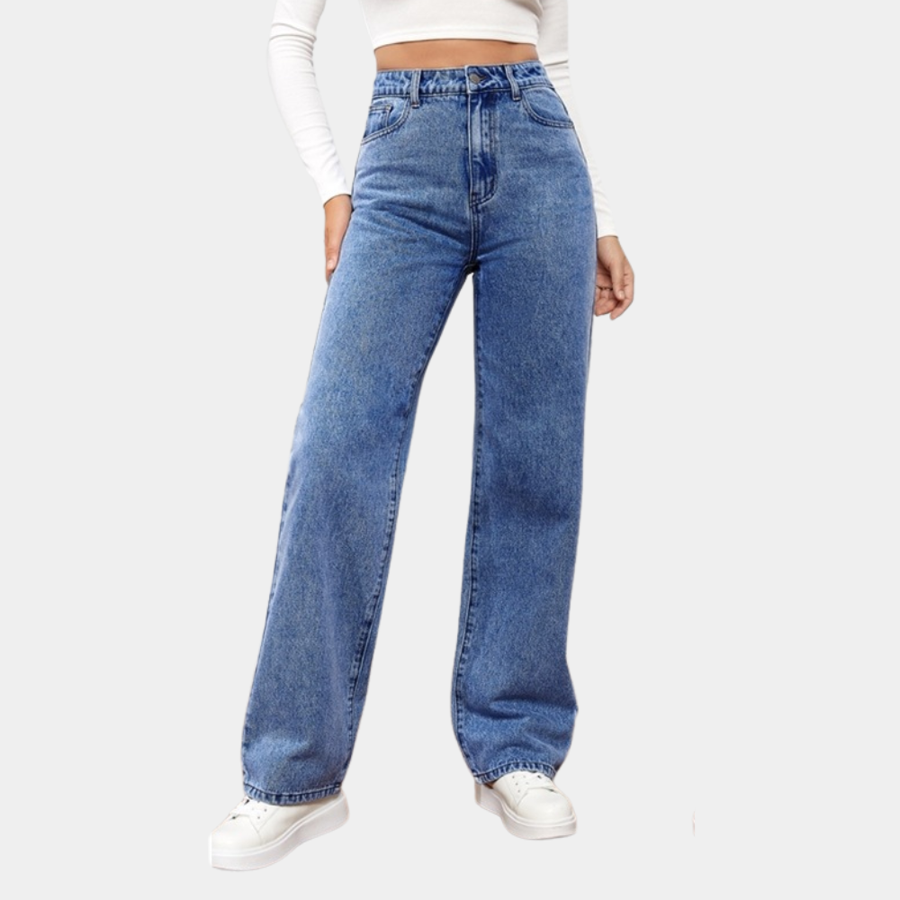 Jean droit taille haute classique en denim bleu foncé pour femmes