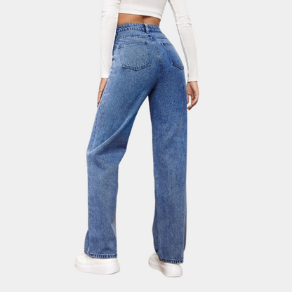 Jean droit taille haute classique en denim bleu foncé pour femmes