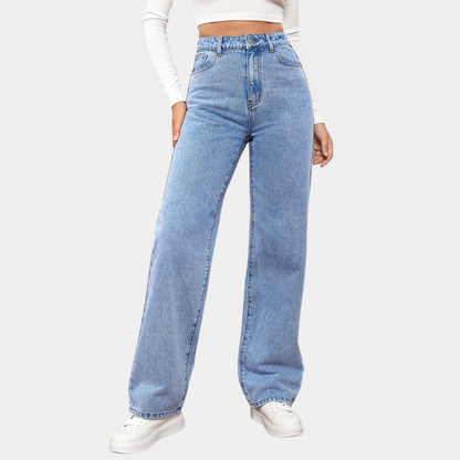 Jean droit taille haute classique en denim bleu foncé pour femmes