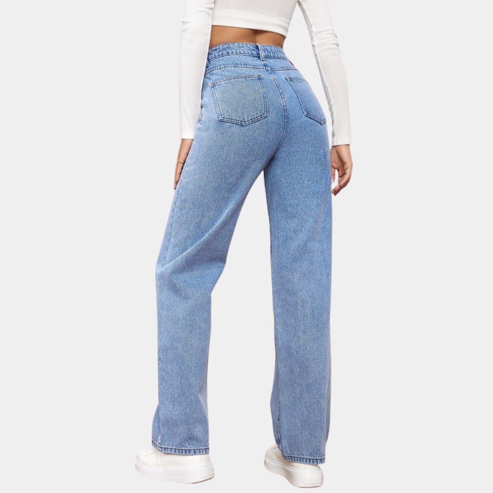 Jean droit taille haute classique en denim bleu foncé pour femmes