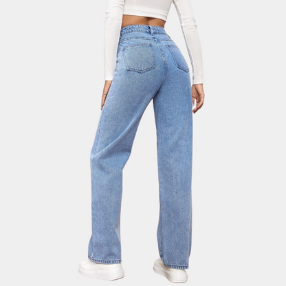 Jean droit taille haute classique en denim bleu foncé pour femmes