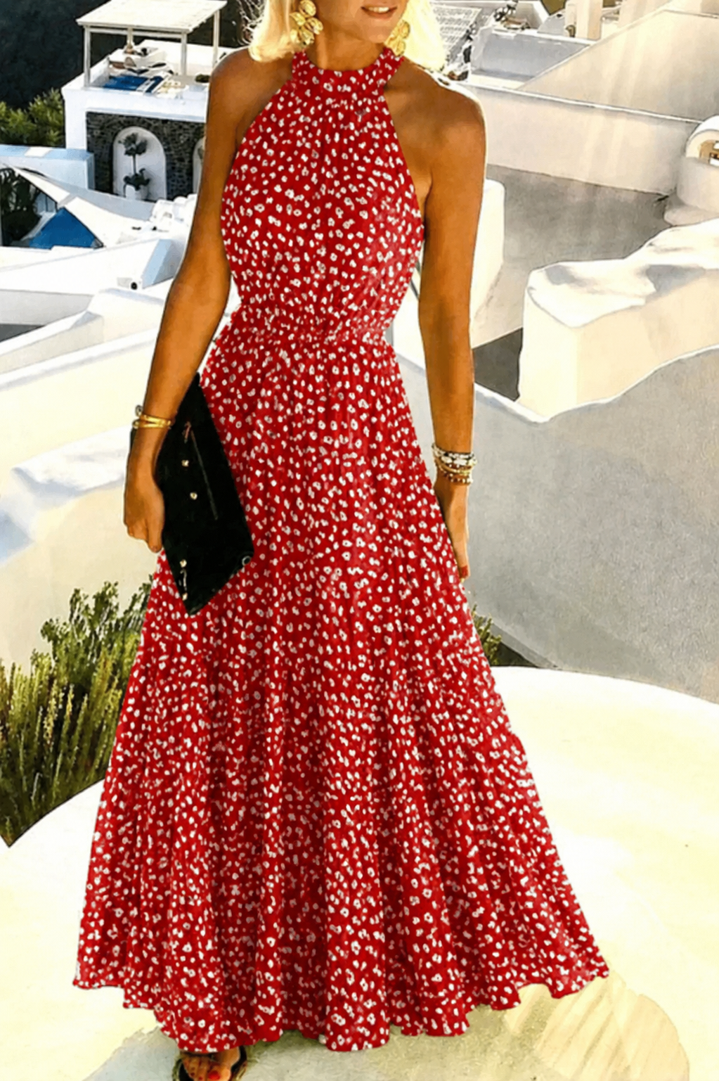 Santorini | Women's Halter Neck Maxi Dress Pleated Boho Print
