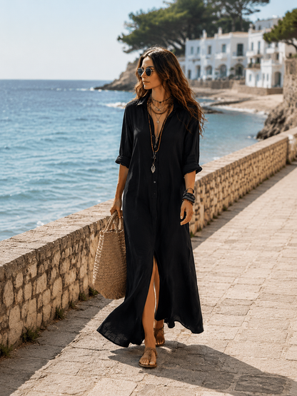 Robe maxi bohème avec design à boutons noirs sur le devant