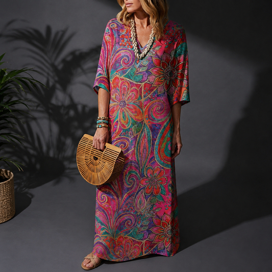 Women's Floral Kaftan Maxi Dress V-Neck Loose Fit – Amara