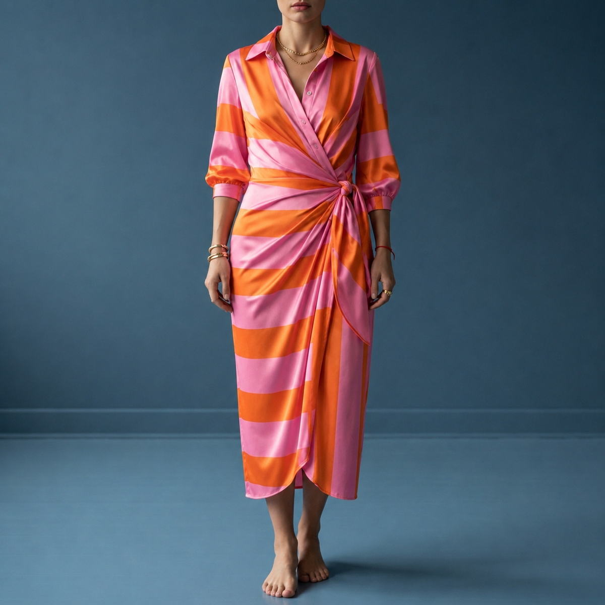 Women's Wrap Maxi Dress Satin Look Geometric Print Shirt Collar – Celeste