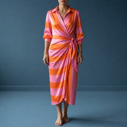 Women's Wrap Maxi Dress Satin Look Geometric Print Shirt Collar – Celeste