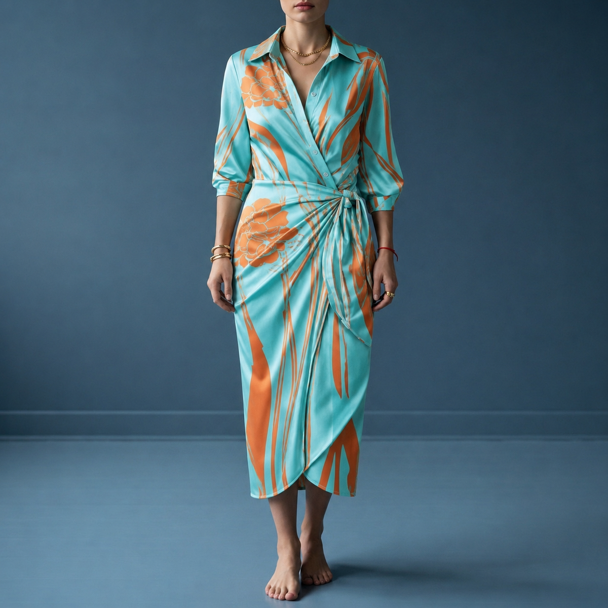 Women's Wrap Maxi Dress Satin Look Geometric Print Shirt Collar – Celeste