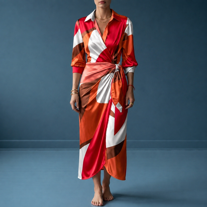 Women's Wrap Maxi Dress Satin Look Geometric Print Shirt Collar – Celeste