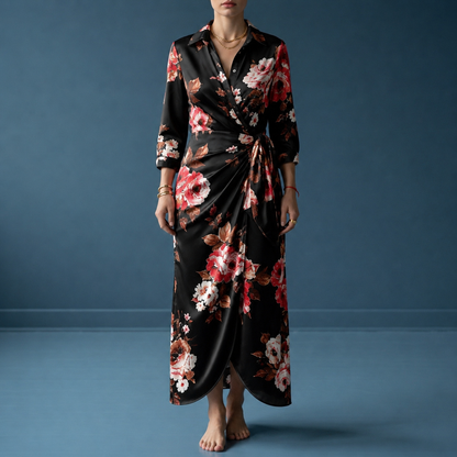 Women's Wrap Maxi Dress Satin Look Geometric Print Shirt Collar – Celeste