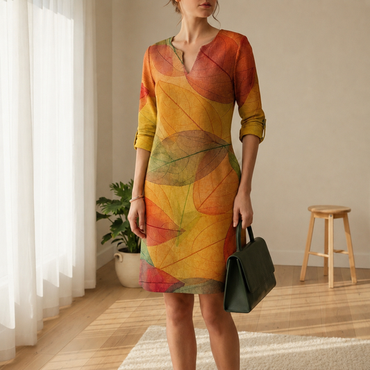 Women's Leaf Print Shift Dress Notch Neck Relaxed Fit – Celeste
