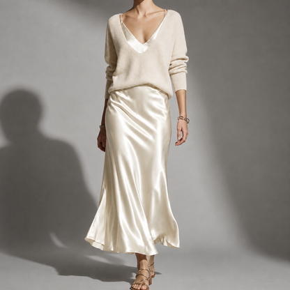 Women's Satin Midi Skirt And Cardigan Set Relaxed Fit – Marlowe