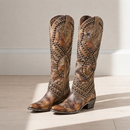 Women's Studded Western Knee High Boots Pointed Toe Block Heel – Marlowe