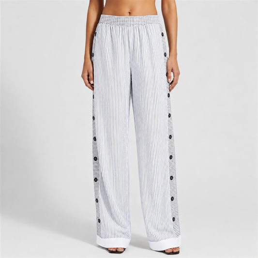 Women's Striped Cotton Blend Tailored Pants Button Detail – Marlowe