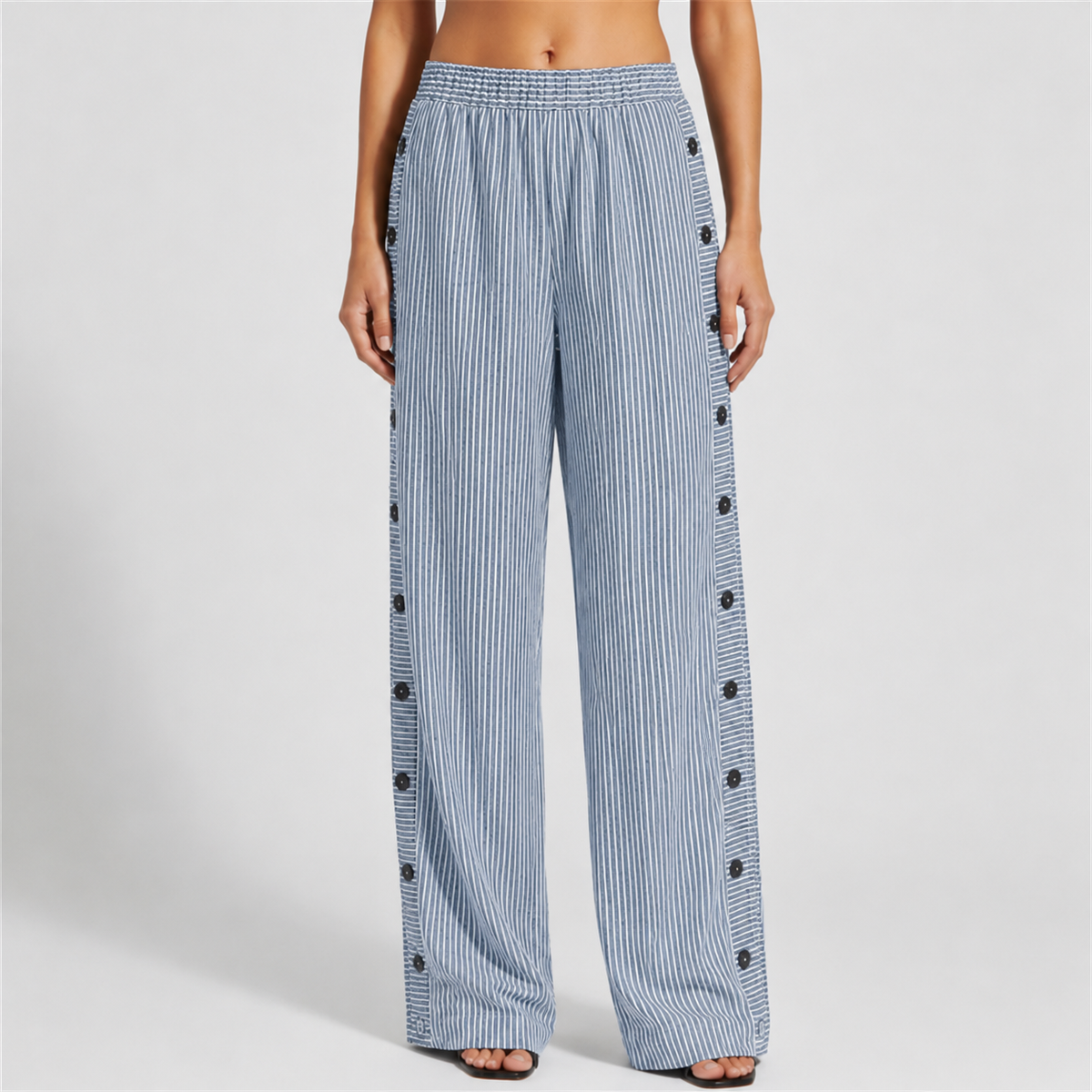 Women's Striped Cotton Blend Tailored Pants Button Detail – Marlowe
