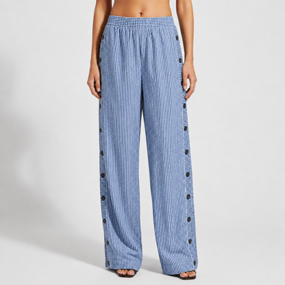 Women's Striped Cotton Blend Tailored Pants Button Detail – Marlowe