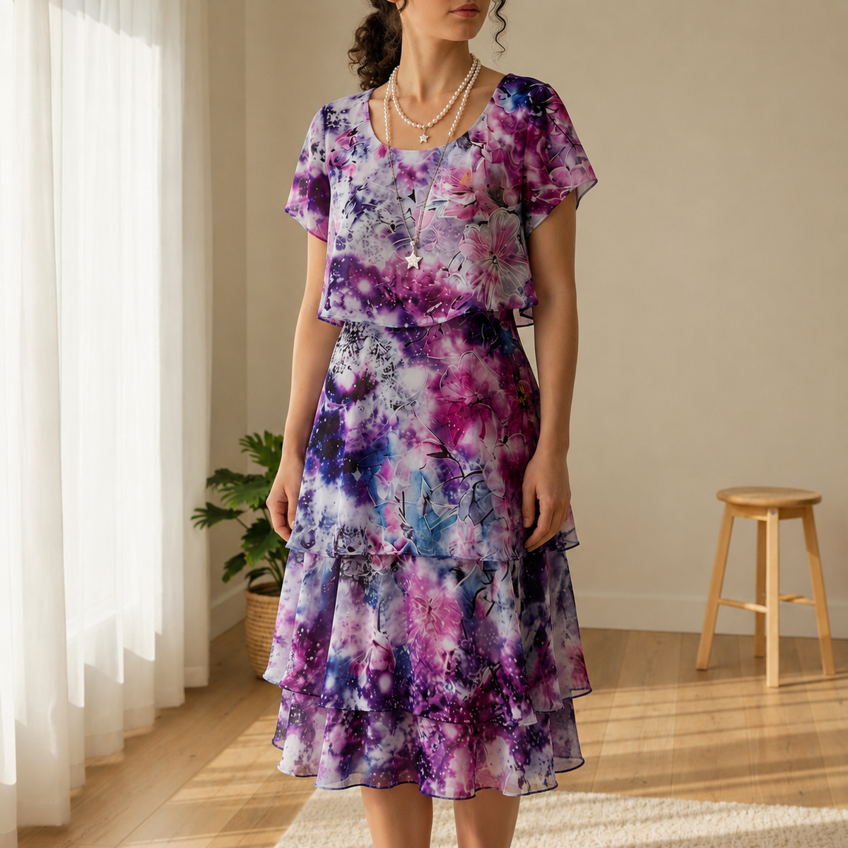Women's Floral Tiered Ruffle Mini Dress Chiffon Blend – Celeste