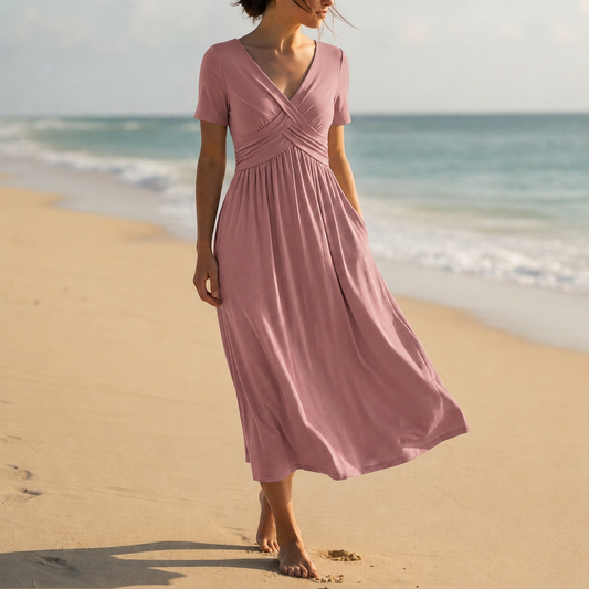 Women's Wrap V-Neck Midi Dress Stretch Blend Tummy Coverage – Elara