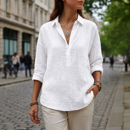 Women's Linen-Look Popover Blouse Relaxed Fit – Maren