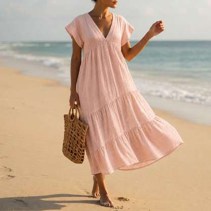 Women's V-Neck Tiered Midi Dress Elegant Draped Fit – Elara