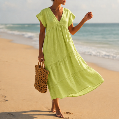 Women's V-Neck Tiered Midi Dress Elegant Draped Fit – Elara