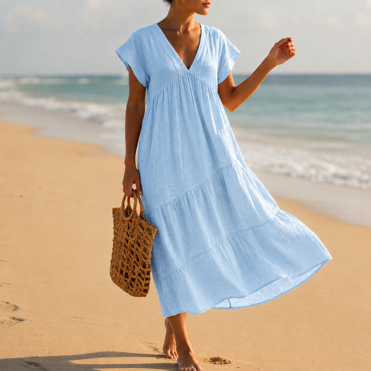 Women's V-Neck Tiered Midi Dress Elegant Draped Fit – Elara